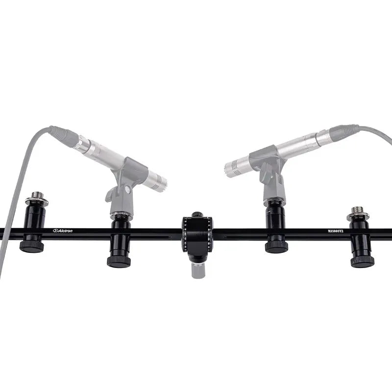 Black alctron mas008v2 four microphone stand with two silver condenser microphones for stereo recording uses