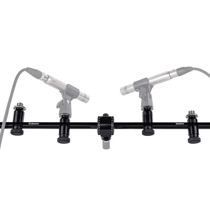 Black alctron mas008v2 four microphone stand with two silver condenser microphones for stereo recording uses