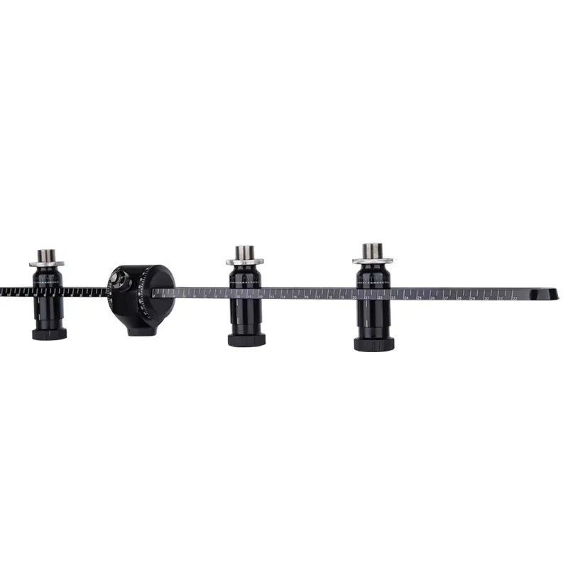 Black metal ruler with three adjustable clamps and central dial for precise measurements on upgraded version alctron mas008v2 four microphone stand