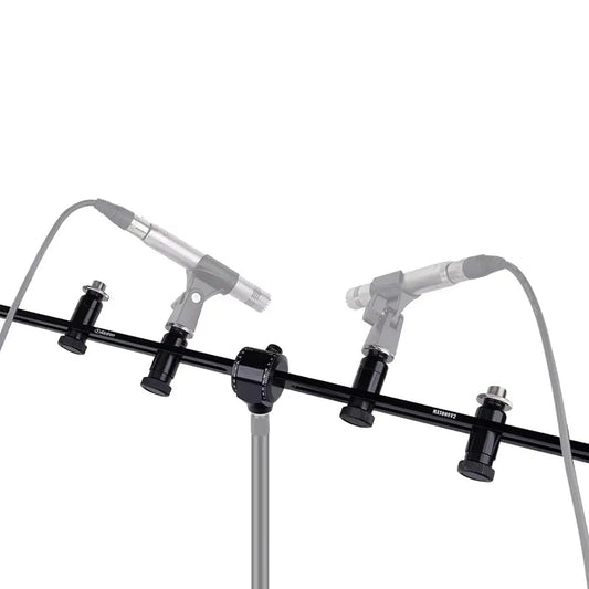 Black microphone stand with two adjustable clamps holding silver and gray microphones upgraded version alctron mas008v2 four microphone stand