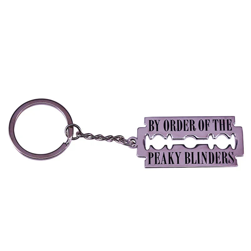 Metal street gang razor blade keychain peaky blinders engraved text metal keyring crime drama television accessory