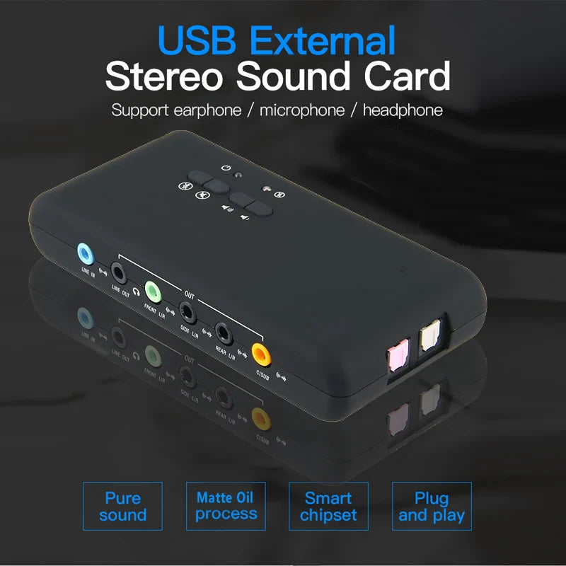 Black urgrico external sound card with colored audio jacks and control buttons for studio record usb extension cable remoted use