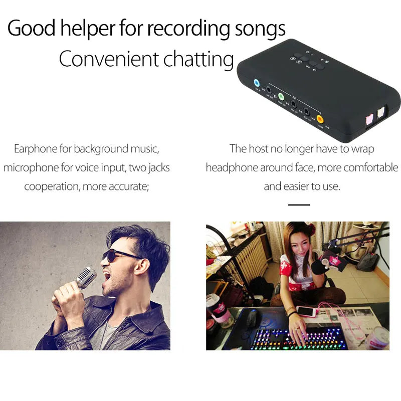 Black rectangular urgrico external sound card with multiple colored ports and extension cable remoted for studio record usb use