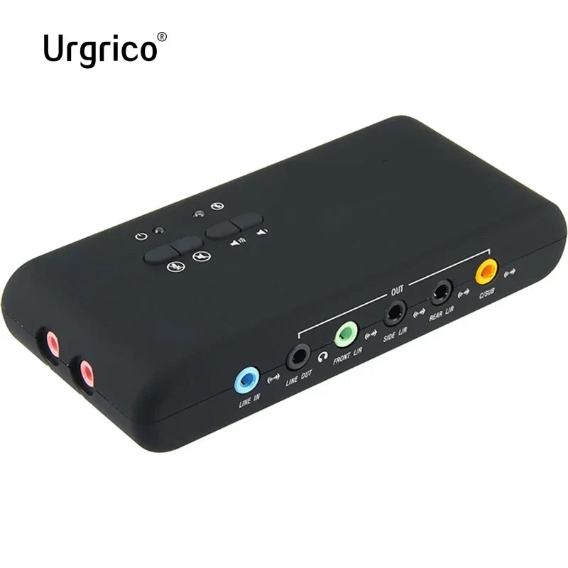 Black Urgrico external sound USB audio interface with color-coded RCA jacks and extension cable remoted for studio record USB