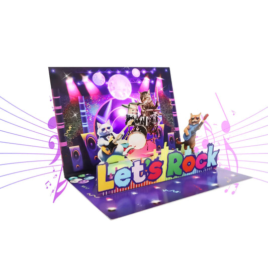 Vibrant musical birthday card with cat 3d pop up featuring rock cat playing instruments under purple pink lights