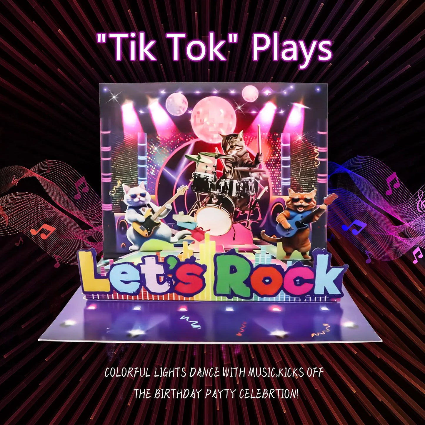 A vibrant musical birthday card featuring a rock cat 3d pop scene with cartoon cats and colorful lights on stage