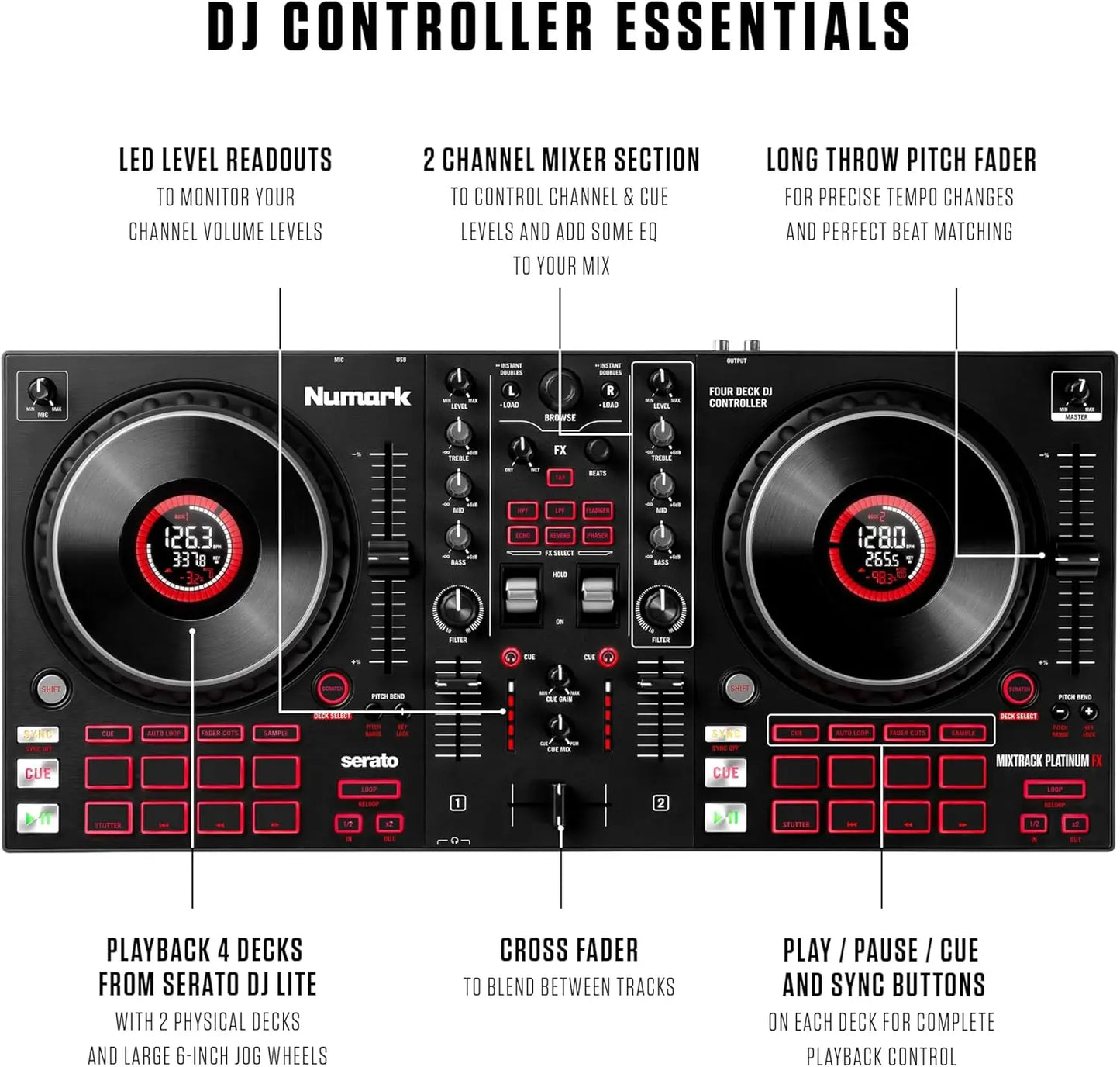 Black numark mixtrack platinum fx serato dj controller with jog wheel display and red led buttons from beat music store
