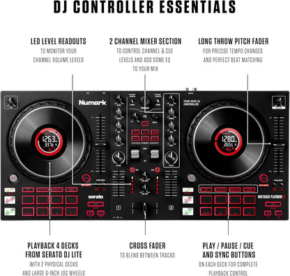 Black numark mixtrack platinum fx serato dj controller with jog wheel display and red led buttons from beat music store