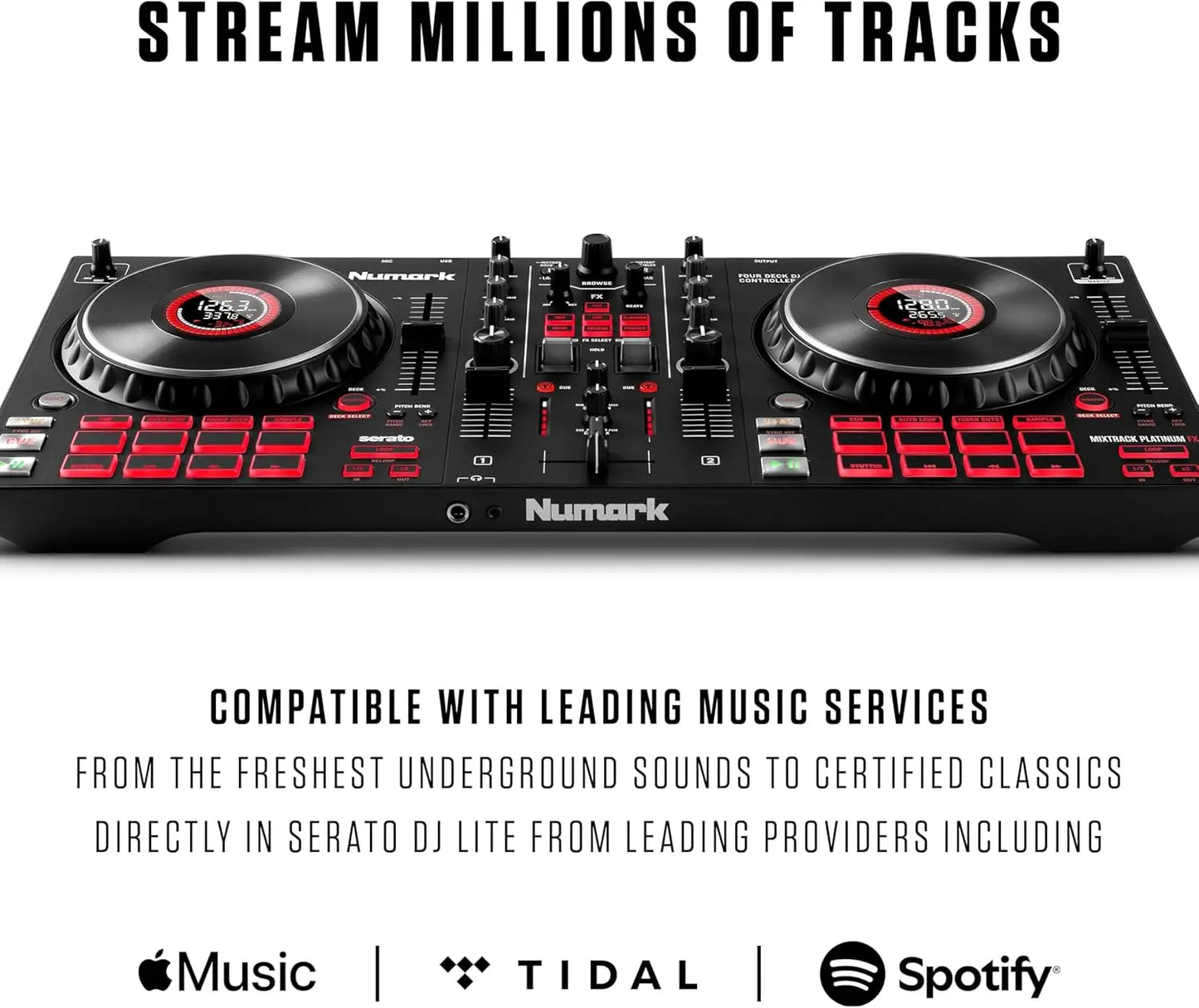 Black numark mixtrack platinum fx serato dj controller with red illuminated jog wheel display for beat music store use