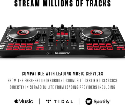 Black numark mixtrack platinum fx serato dj controller with red illuminated jog wheel display for beat music store use