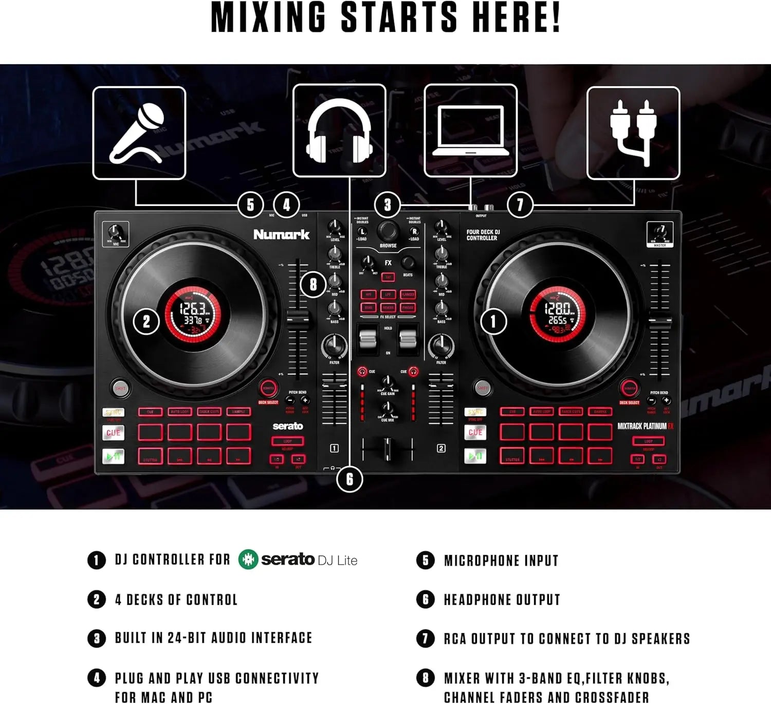 Black numark mixtrack platinum fx serato dj controller with jog wheel display and red illuminated buttons for beat music store