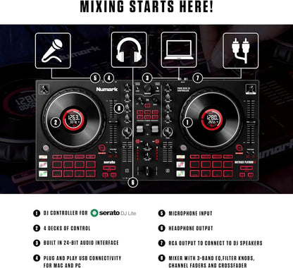 Black numark mixtrack platinum fx serato dj controller with jog wheel display and red illuminated buttons for beat music store