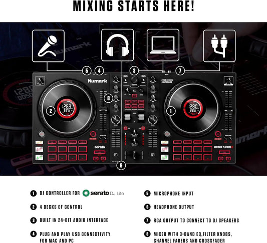 Black numark mixtrack platinum fx serato dj controller with jog wheel display and red illuminated buttons for beat music store