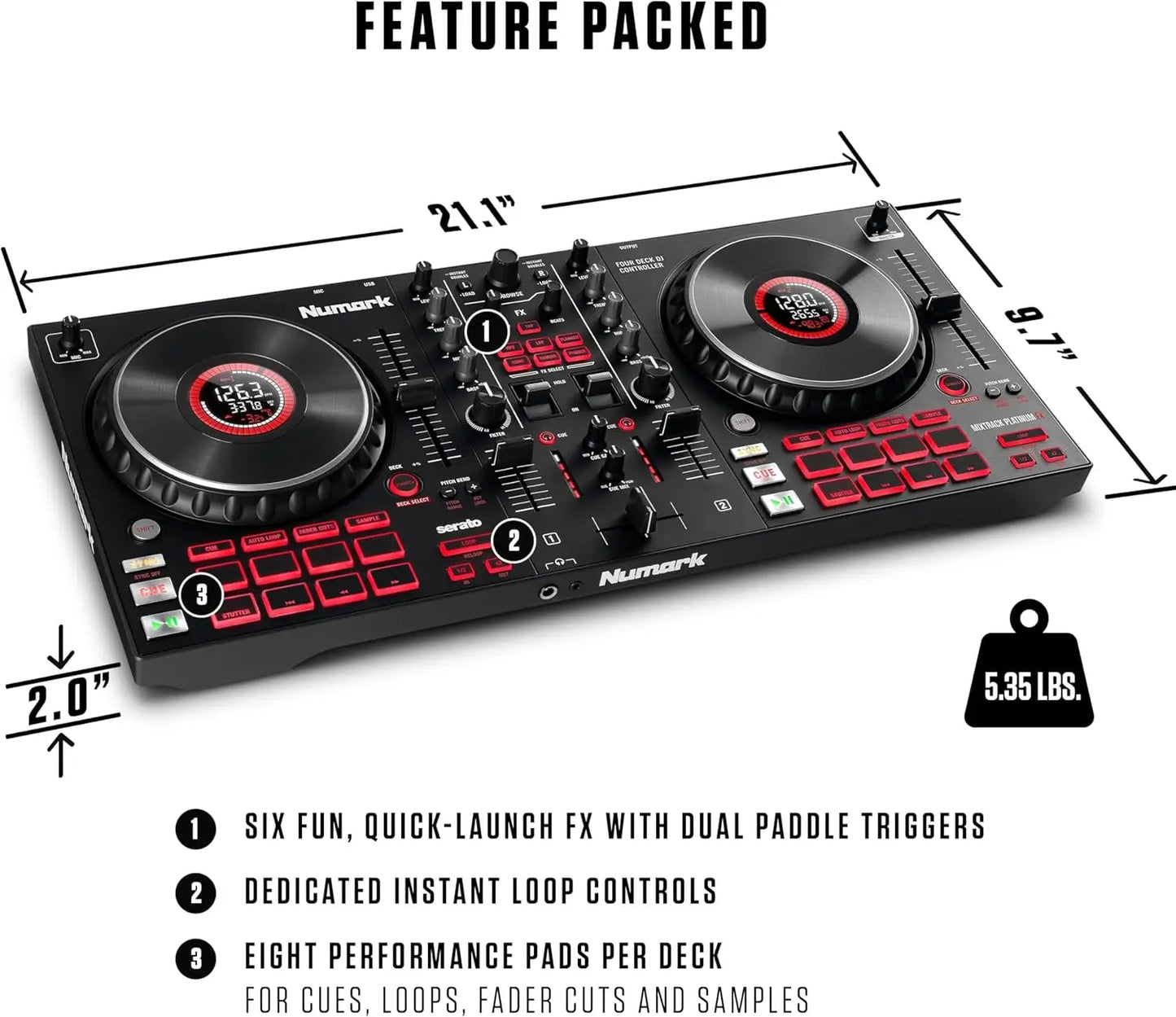 Black and red numark mixtrack platinum fx serato dj controller with jog wheel display and 4 deck mixer from beat music store