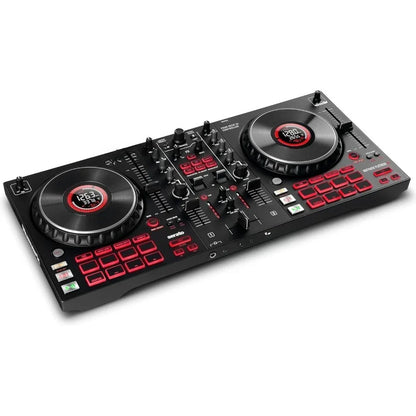 Black and red platinum fx serato dj controller with jog wheel display and illuminated buttons from beat music store