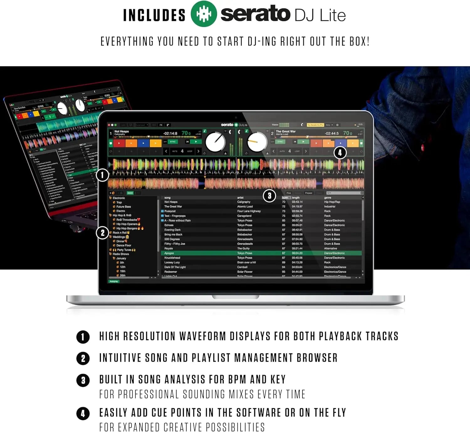 Serato dj lite interface on laptop showing colorful waveforms and song lists with platinum fx serato jog wheel display