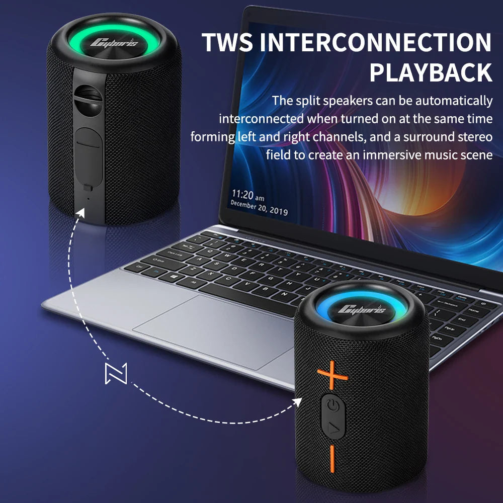 Black s10- wireless music box with textured fabric housing and glowing lights for card home theater use