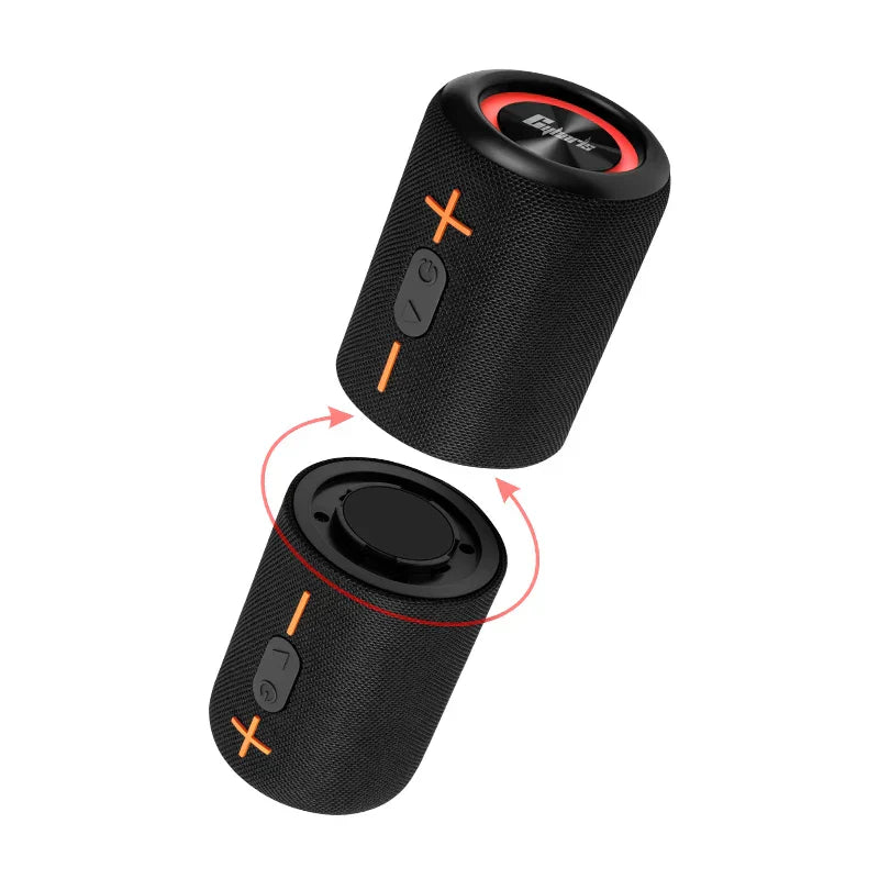 Black textured s10- wireless music box portable speaker with orange buttons and red illuminated ring for card home theater