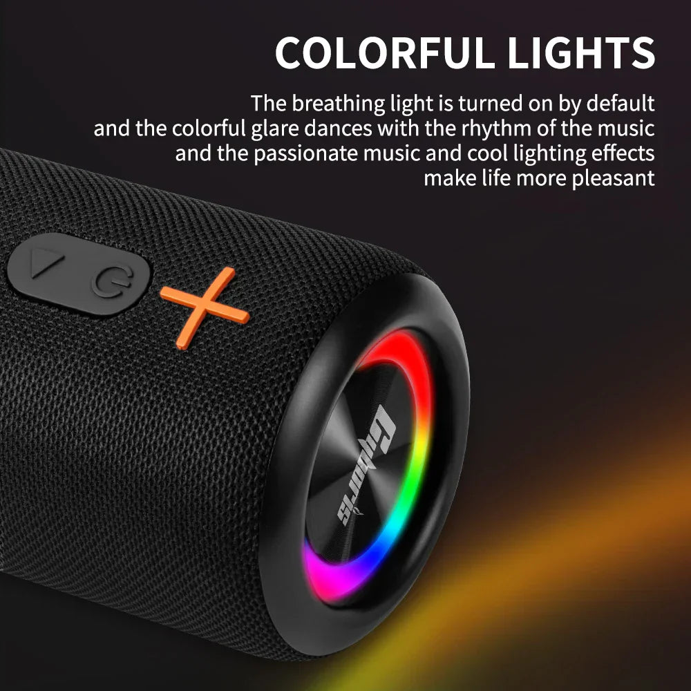Black textured s10- wireless music box with vibrant rainbow led lights and orange buttons for card home theater use