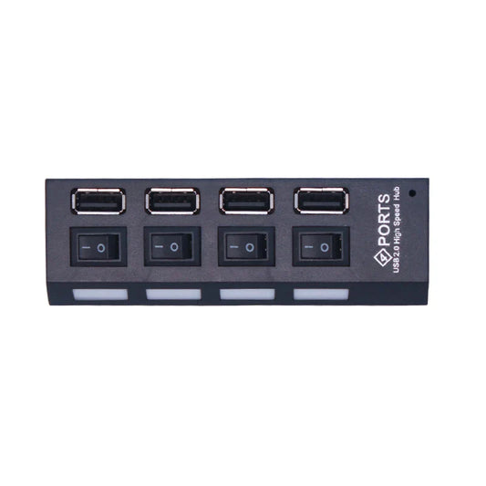 Black rectangular usb 2.0 multi usb splitter hub with four ports and power adapter for desktop use with port multiple expander