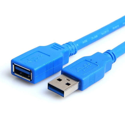 Blue usb 3.0 a-to-b extension cable with molded plastic connectors and metallic contacts for laptop mouse keyboard and hard disk computer
