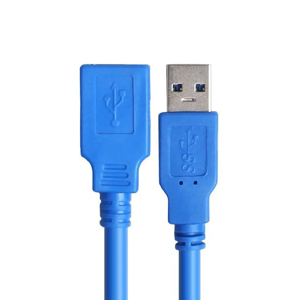 Blue usb 3.0 extension cable with metallic connectors and molded housing for laptop mouse keyboard and hard disk computer