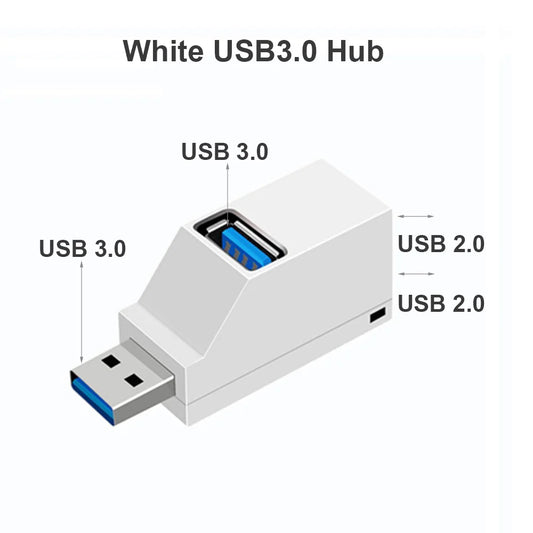 White plastic usb 3.0 hub adapter extender with one blue usb 3.0 port and two usb 2.0 ports for laptop u disk use