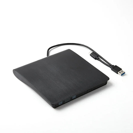 Black brushed metal external dvd burner usb 3.0 type-c reader player portable with integrated cable and sleek rectangular design
