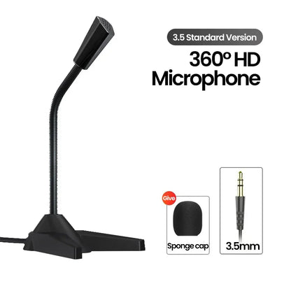 Black 360° hd desktop microphone with flexible gooseneck and tripod base for gaming conference recording and 5mm laptop use
