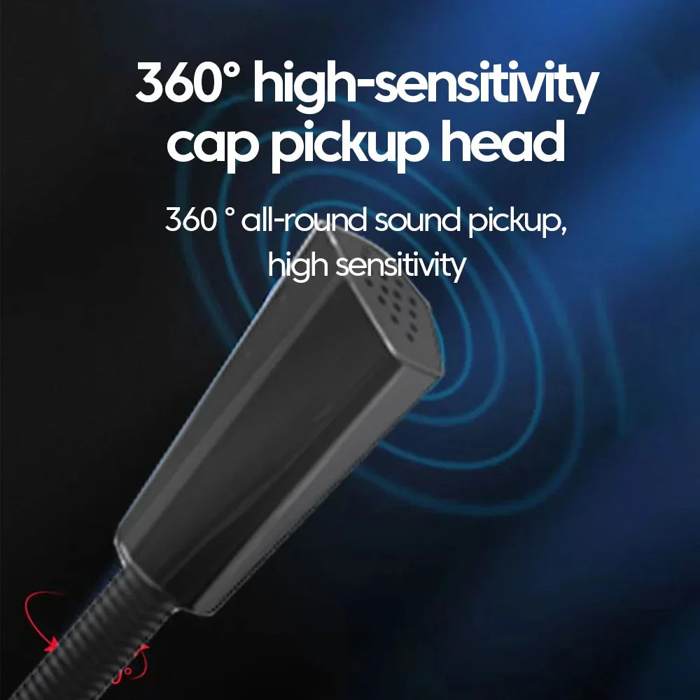 Black 360-degree high-sensitivity desktop microphone gaming with a sleek angular design and perforated top for conference recording