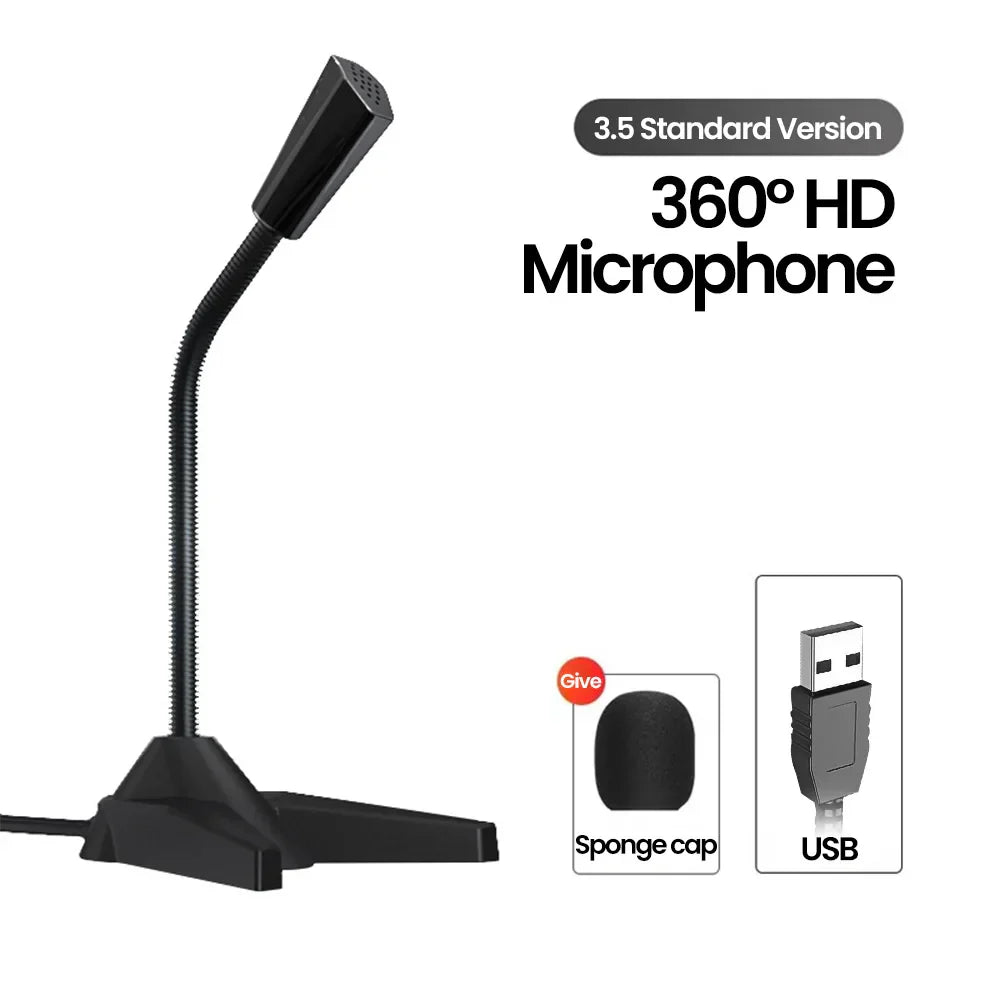 Black 3.5mm standard desktop microphone gaming with flexible gooseneck and usb cable for conference recording and e-learning