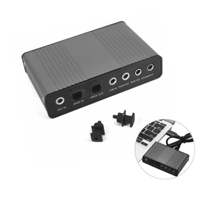 Black rectangular surround external sound adapter card durable with multiple ports and textured surface for audio optical use
