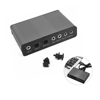 Black rectangular surround external sound adapter card durable with multiple ports and textured surface for audio optical use
