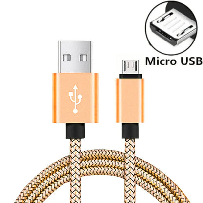 Gold-colored braided micro cable fast charging wire mobile with USB A and micro USB connectors for Samsung Xiaomi Android devices