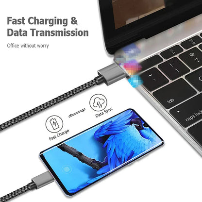 Black braided usb-c to usb-c micro cable fast charging wire mobile for Samsung Xiaomi Andriod devices with metallic connectors