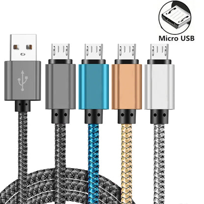 Five braided usb micro cable fast charging wires in assorted colors with gray metallic usb-a for samsung xiaomi andriod devices