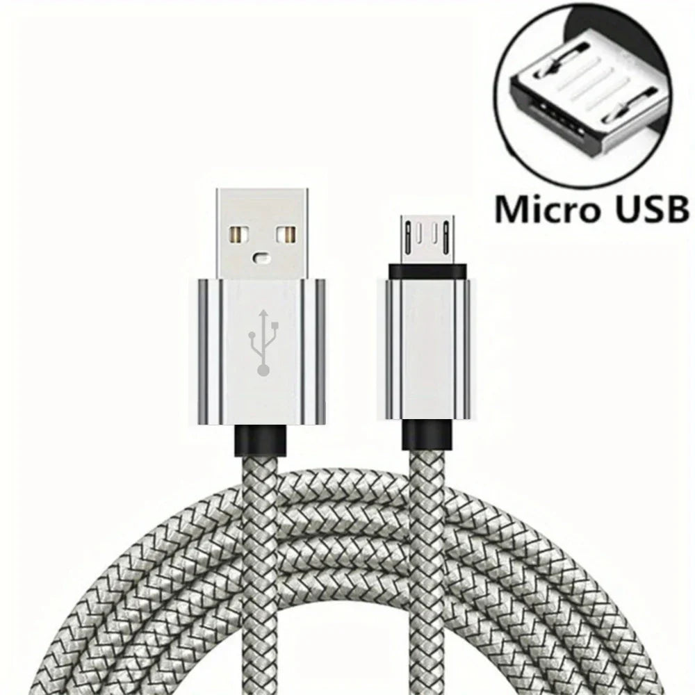 Silver braided micro cable fast charging wire mobile usb adapter for samsung xiaomi android devices and ps4 gamepad data