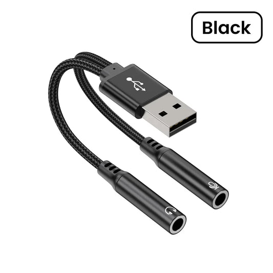Black usb a to dual 3.5mm jack audio adapter cable with braided fabric and dca chip listen music for laptop use