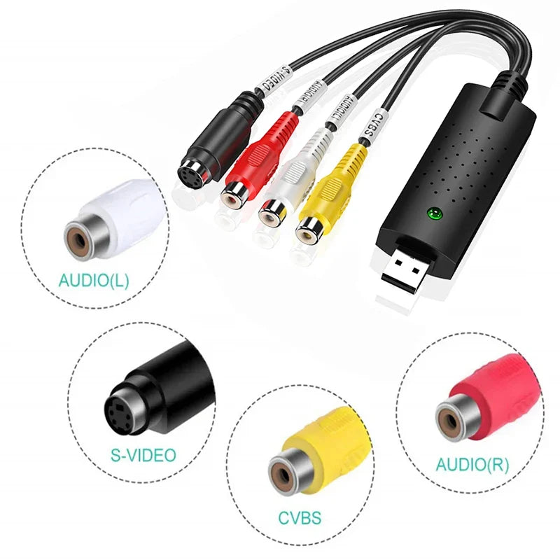 Black usb 2 0 video capture device with red white and yellow rca connectors for computer laptop video capture use
