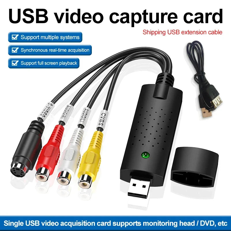 Black usb audio video capture card adapter with green led and four rca connectors for video capture on computer laptop