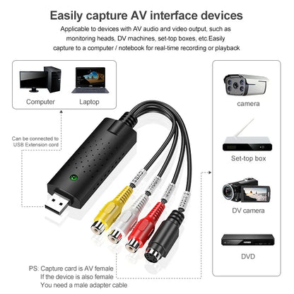 Black usb audio video capture card adapter with usb connector and yellow white red rca cables for video capture on computer laptop