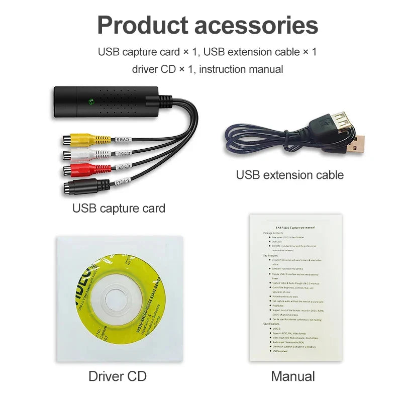 Black usb audio video capture card adapter with green led and rca connectors for video capture on computer laptop
