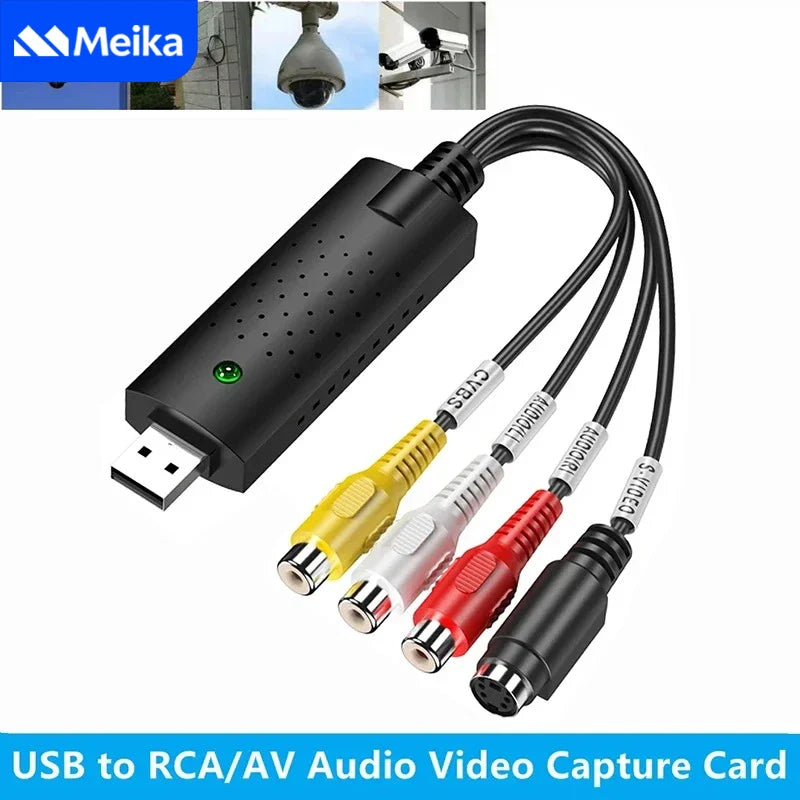 Black meika usb 2.0 video capture card with rca av connectors and green led for computer laptop video device capture