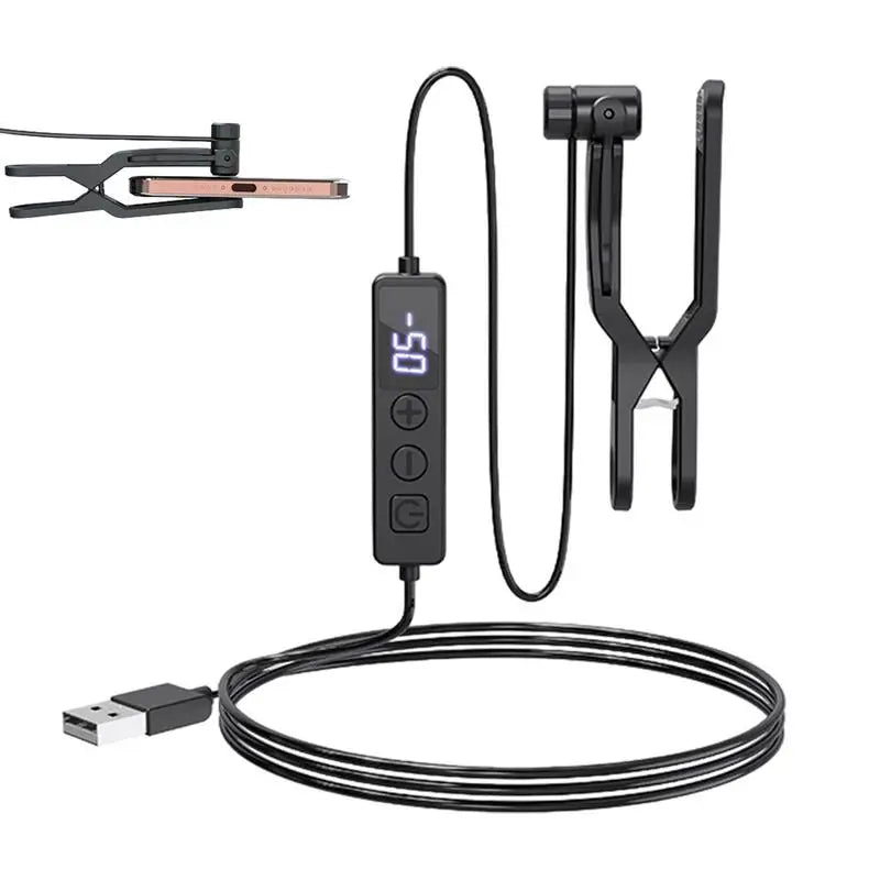 Black usb-powered digital endoscope with clip-on attachments and coiled cable for usb automatic phone screen clicker simulated finger use
