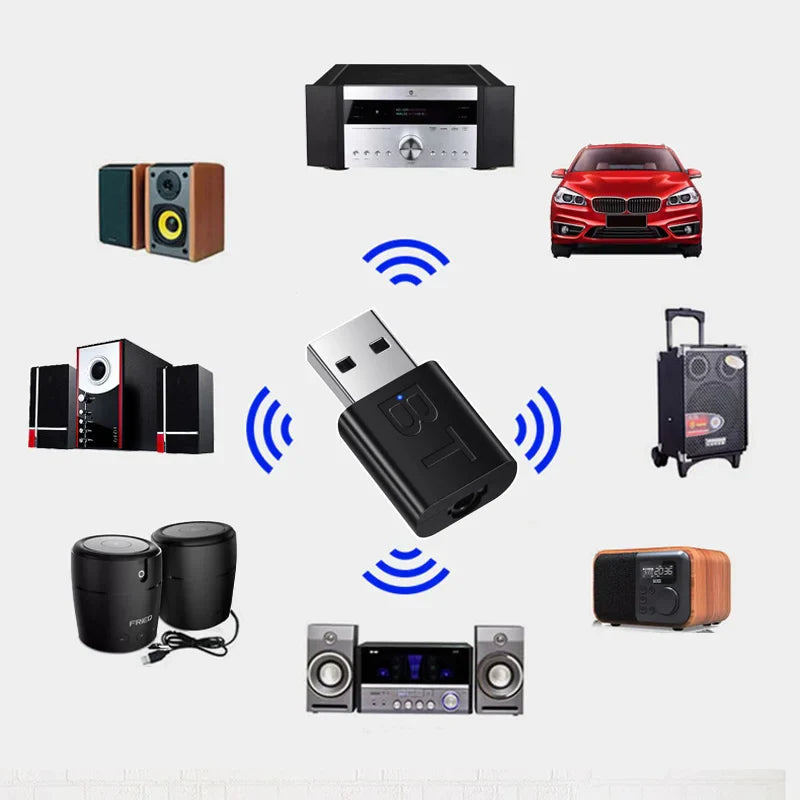 Black usb bluetooth 5.0 stereo audio adapter with silver connector and blue led for car music aux 3.5mm aux jack use
