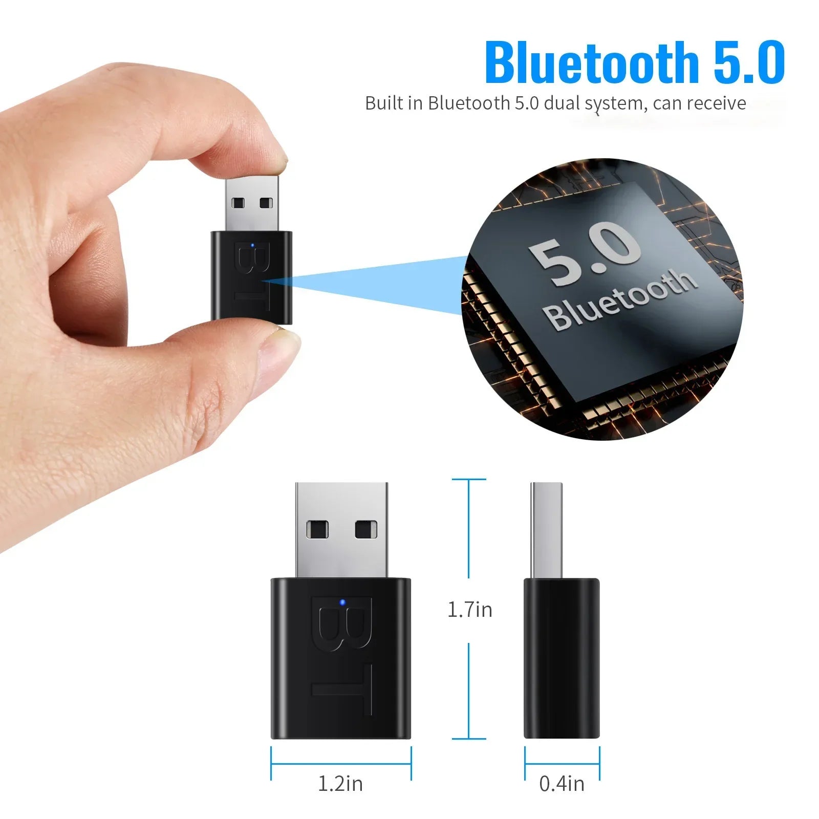 Black usb bluetooth 5.0 receiver with compact design and blue led indicator light for car music aux and stereo audio adapter use