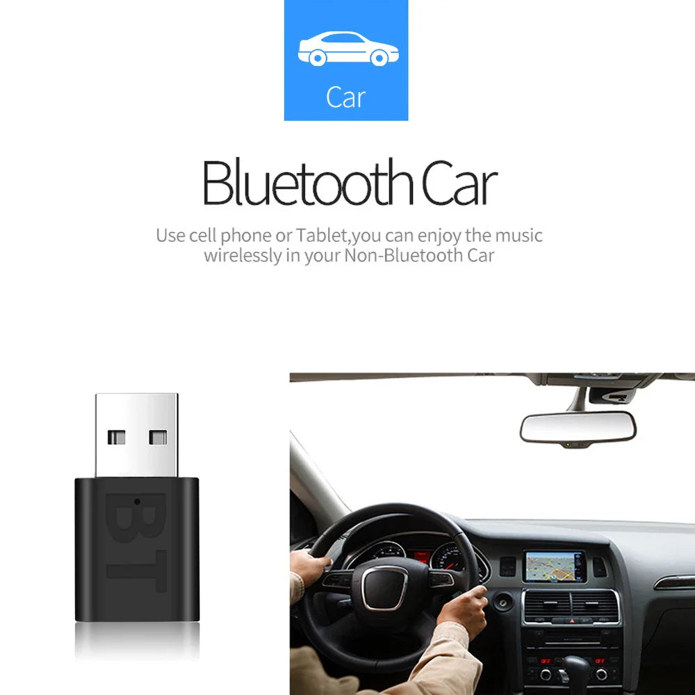 Black usb bluetooth 5.0 receiver with silver connector wireless stereo audio adapter for car music aux 3.5mm aux jack
