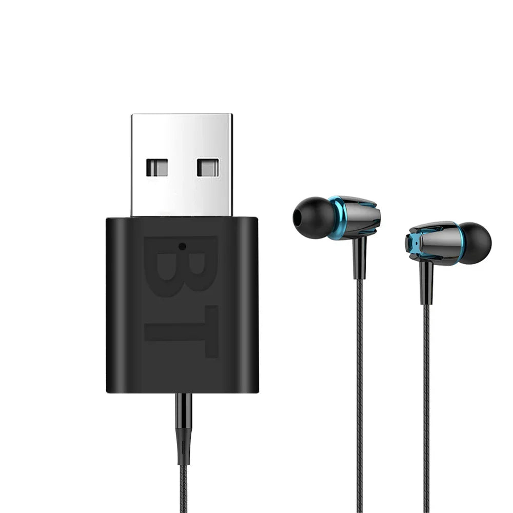Black in-ear headphones with metallic blue accents and usb adapter for stereo audio adapter and car music aux use