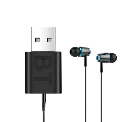 Black in-ear headphones with metallic blue accents and usb adapter for stereo audio adapter and car music aux use