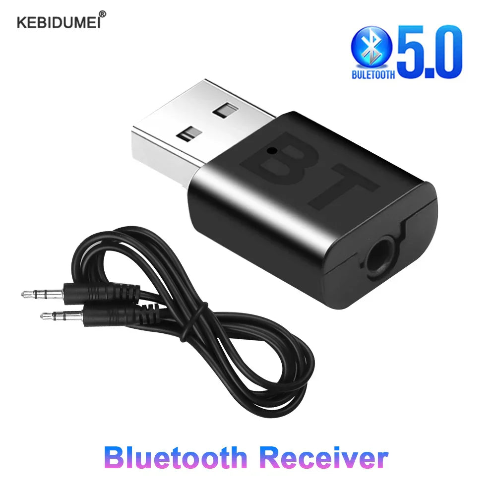 Black kebidumei usb bluetooth 5.0 receiver with silver usb and black audio cable for car music aux stereo audio adapter 3.5mm aux jack